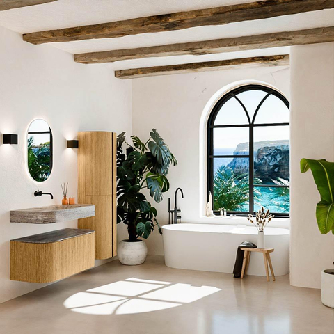 MONDIAZ THOR-DLUX 100cm meuble de salle de bains arrondi gauche + droite couleur Oak avec 1 tiroir et 2 portes. Vasque suspendue CLOUD Milieu sans trou de robinet couleur Oza. SW1467570