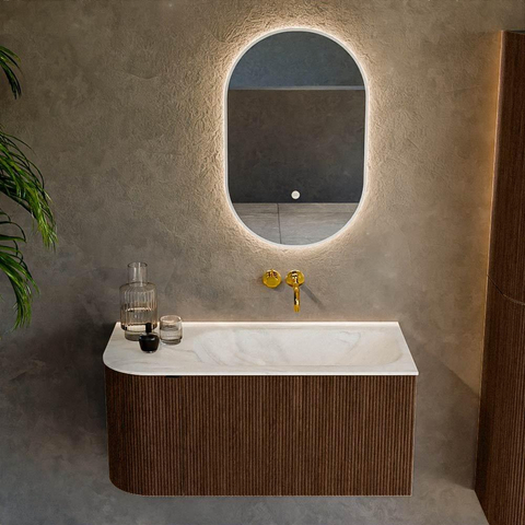 MONDIAZ KURVE-DLUX meuble de salle de bains 95cm avec module 25 L couleur Noyer avec 1 tiroir et 1 porte. Lavabo BIG SMALL à droite sans trou de robinet couleur Ostra. SW1137812