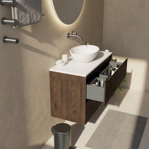 Saniclass Holz Pure Badkamermeubelset - 100x45x62.5cm - Torino solid surface topblad wit - zonder kraangat - 2 lades - mat eiken charcoal (hout) SW1478710