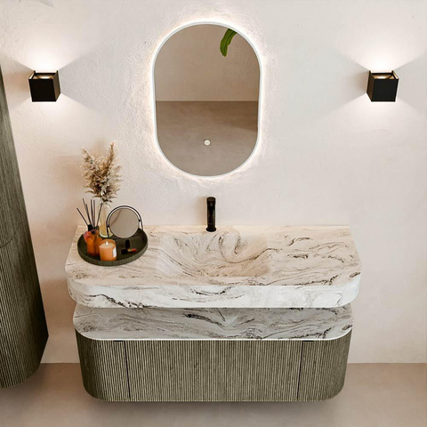 MONDIAZ THOR-DLUX 130cm meuble de salle de bains arrondi gauche + droite couleur Shadow avec 1 tiroir et 2 portes. Vasque suspendue CLOUD Milieu 1 trou de robinet couleur Glace. SW1467655