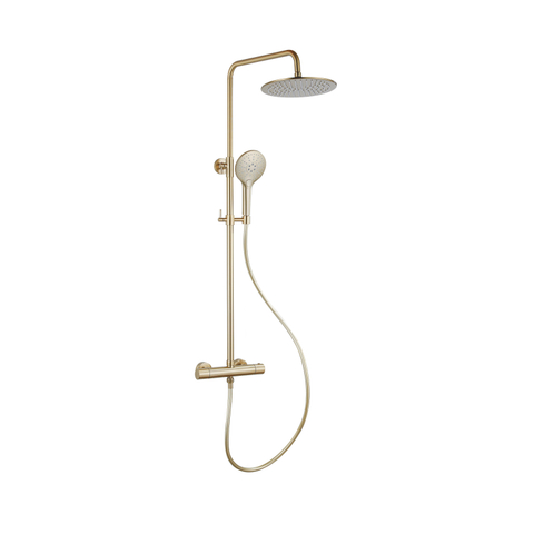 Fortifura Calvi Regendoucheset - thermostatisch - 30cm - hoofddouche - gladde slang - ronde handdouche - PVD - geborsteld messing (goud) SW1204438