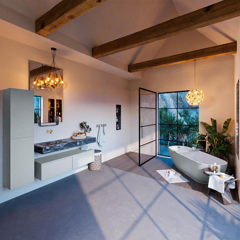 Mondiaz ALAN-DLUX Ensemble de meuble - 130cm - meuble Clay mat - 2 tiroirs - Lavabo Cloud Lava suspendu - vasque Gauche - 0 trous de robinet SW808625