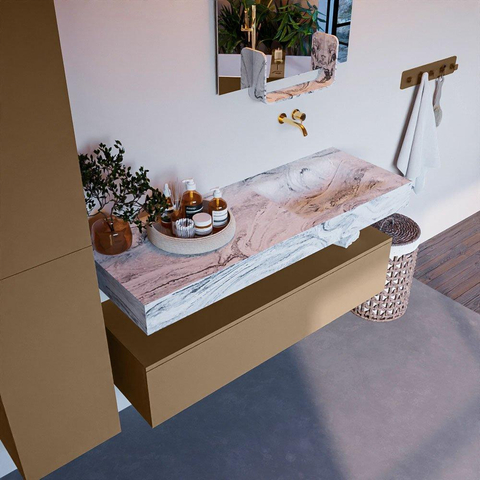 Mondiaz ALAN-DLUX Ensemble de meuble - 130cm - meuble Oro mat - 1 tiroir - Lavabo Cloud Glace suspendu - vasque Droite - 0 trous de robinet SW806233