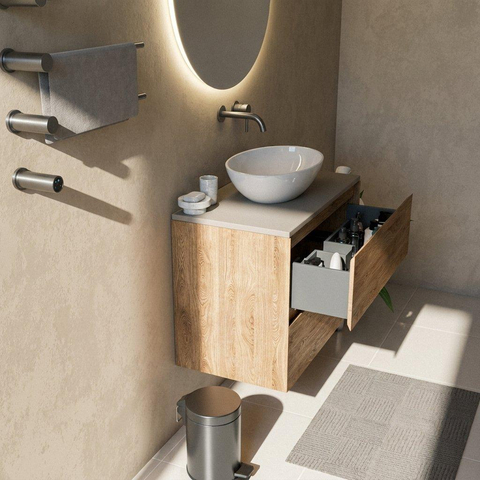 Saniclass Holz Pure Badkamermeubelset - 80x45x62.5cm - Torino solid surface topblad wit - zonder kraangat - 2 lades - mat eiken natural (hout) SW1478700