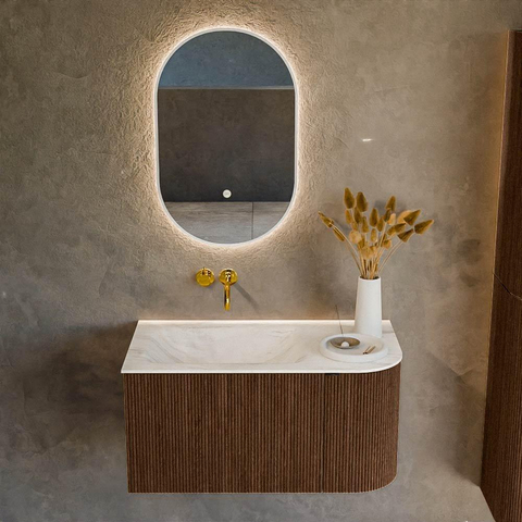 MONDIAZ KURVE-DLUX meuble de salle de bains 85 cm avec module 25 R couleur Walnut avec 1 tiroir et 1 porte. Lavabo CLOUD gauche sans trou de robinet couleur Ostra. SW1137827
