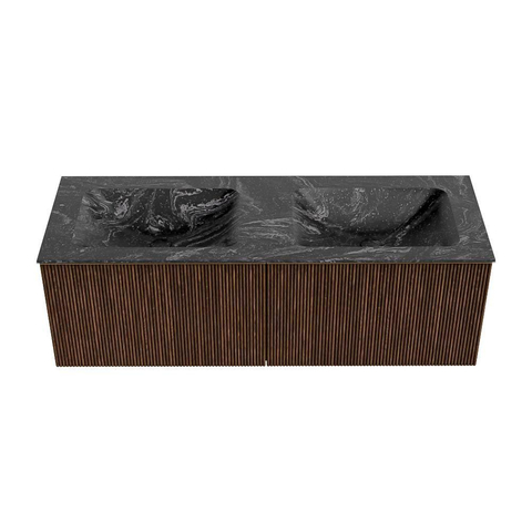 MONDIAZ KURVE-DLUX Meuble de salle de bains 130 cm couleur Walnut avec 2 tiroirs. Vasque LEAF double sans trou de robinet couleur Lava. SW1137271