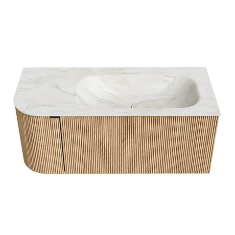 MONDIAZ KURVE-DLUX meuble de salle de bains 105 cm avec module 25 L couleur Oak avec 1 tiroir et 1 porte. Plan-vasque BIG SMALL à droite sans trou de robinetterie couleur Ostra. SW1137740