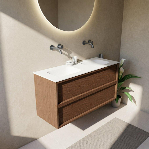Saniclass Holz Frame Ensemble meuble de salle de bains - 120x45x61.5cm - Flow lavabo en solid surface blanc - 2 vasques - sans trous de robinet - 2 tiroirs - noyer pure mat (bois) SW1579778
