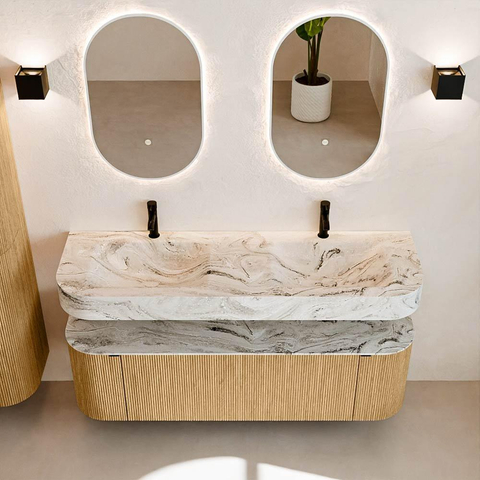 MONDIAZ THOR-DLUX 150cm badmeubel ronding links + rechts kleur Oak met 1 lade en 2 deuren. Vrijhangende wastafel CLOUD Dubbel 2 kraangaten kleur Glace. SW1464586