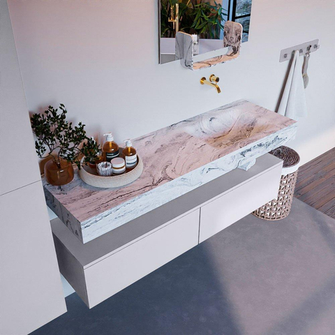 Mondiaz ALAN-DLUX Ensemble de meuble - 150cm - meuble Cale mat - 2 tiroirs - Lavabo Cloud Glace suspendu - vasque Droite - 0 trous de robinet SW805797