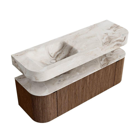 MONDIAZ THOR-DLUX 140cm meuble de salle de bains arrondi gauche + droite couleur Walnut avec 1 tiroir et 2 portes. Vasque suspendue CLOUD Gauche 1 trou de robinet couleur Frappe. SW1463956