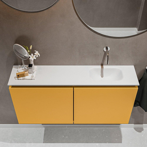 MONDIAZ TURE Toiletmeubel 100x23x50cm met 0 kraangaten 2 deuren ocher mat Wastafel Eden rechts Solid Surface Wit SW475069