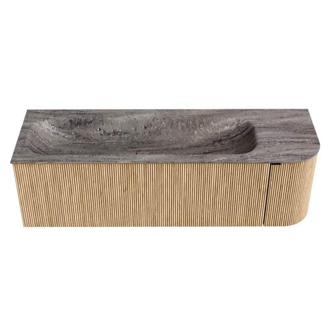 MONDIAZ KURVE-DLUX Meuble de salle de bains 145cm arrondi à droite couleur Chêne avec 1 tiroir et 1 porte. Lavabo BIG LARGE à gauche sans trou de robinet Oza. SW1432651