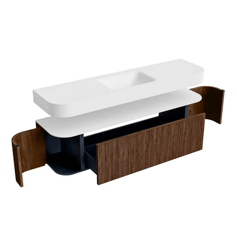 MONDIAZ THOR 170cm badmeubel ronding links + rechts kleur Walnut met 1 lade en 2 deuren. Vrijhangende wastafel CLOUD Midden zonder kraangat kleur Talc. SW1465571