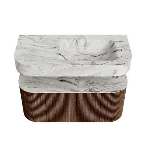 MONDIAZ THOR-DLUX 100cm meuble de salle de bains arrondi gauche + droite couleur Walnut avec 1 tiroir et 2 portes. Vasque suspendue CLOUD Droite 1 trou de robinet couleur Glace. SW1467407