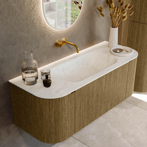 Mondiaz KURVE-DLUX Ensemble meuble de salle de bains - 120x46x40cm - 1 tiroir - 2 portes - lavabo solid surface - milieu - sans trou de robinet - Dusk SW1415052
