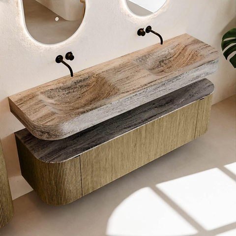 MONDIAZ THOR-DLUX 160cm meuble de salle de bains arrondi gauche + droite couleur Dusk avec 1 tiroir et 2 portes. Vasque suspendue CLOUD Double sans trou de robinet couleur Oza. SW1465312