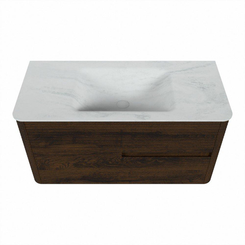 Mondiaz CIRO-DLUX Badkamermeubelset - 100x45x50cm - Solid surface wastafel Opalo - 1 wasbak Midden - zonder kraangaten - 2 lades - Walnut SW1530209