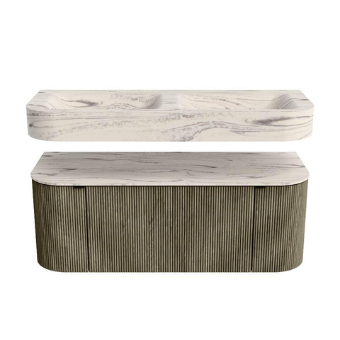 MONDIAZ THOR-DLUX Meuble de salle de bains 120cm arrondi gauche + droite couleur Shadow avec 1 tiroir et 2 portes. Vasque suspendue CLOUD Double sans trou de robinet couleur Nata. SW1463389