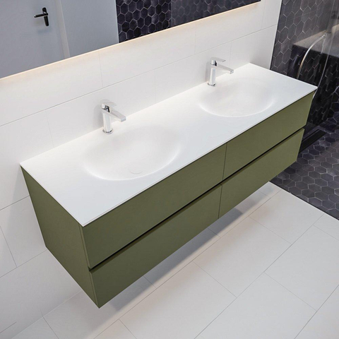 MONDIAZ VICA Ensemble de meuble salle de bain - 150cm - 4 tiroirs - lavabo Moon double - 2 trous de robinet - solid surface army SW410147