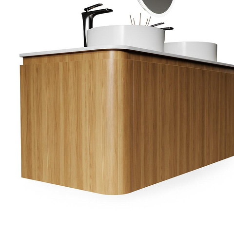 Royal Plaza Terra Wastafelonderkast 120cm 2 lades afgeronde hoeken sandwood licht eiken met slid surface topblad en 2 solid suface waskommen 56x32x15.5cm SHOWROOMMODEL SHOW26713