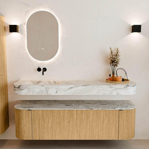 MONDIAZ THOR-DLUX Meuble de salle de bains 160cm arrondi gauche + droite couleur Oak avec 1 tiroir et 2 portes. Vasque suspendue CLOUD Gauche sans trou de robinet couleur Glace. SW1464940