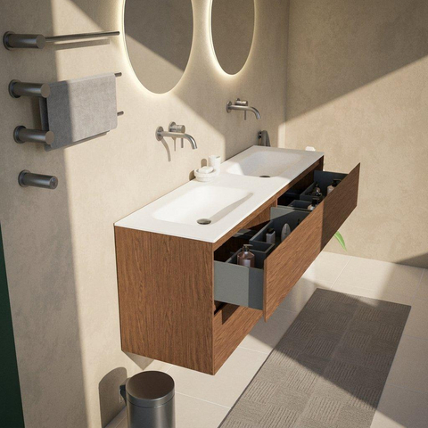 Saniclass Holz Pure Ensemble de meubles de salle de bains - 160x45x61.5cm - Flow lavabo en solid surface blanc - 2 vasques - sans trous de robinetterie - 4 tiroirs - walnut pure mat (bois) SW1478456