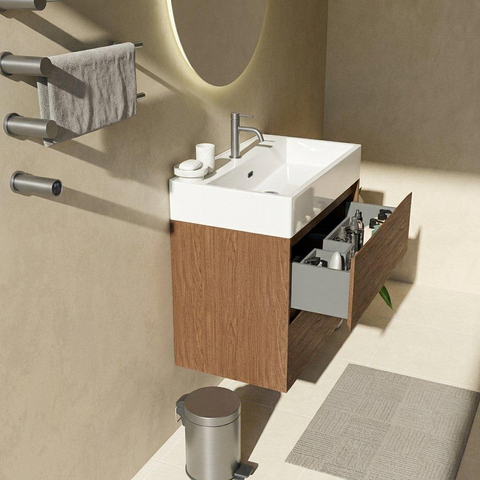Saniclass Holz Pure Badkamermeubelset - 80x45x72cm - Legend keramische wastafel wit - 1 wasbak - 1 kraangat - 2 lades - mat walnut pure (hout) SW1478478