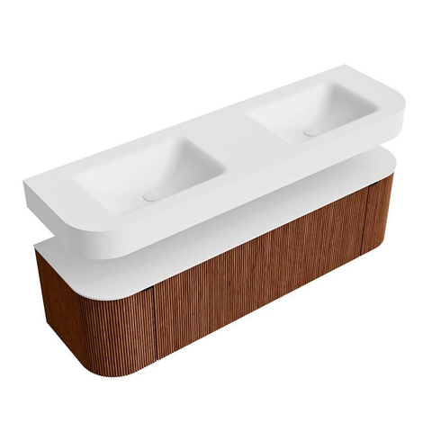MONDIAZ THOR 160cm meuble de salle de bains arrondi gauche + droite couleur Ruby avec 1 tiroir et 2 portes. Vasque suspendue CLOUD Double 2 trous de robinet couleur Talc. SW1412153