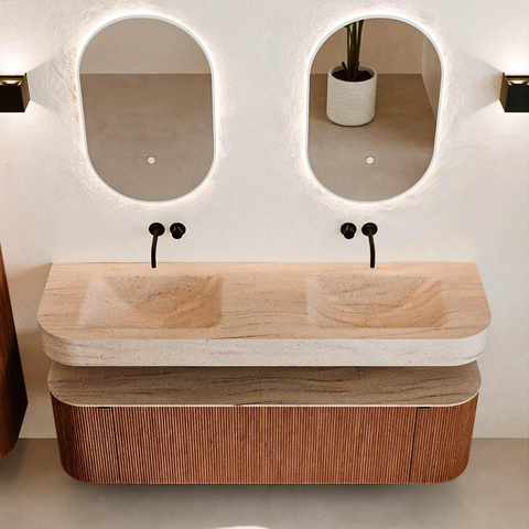 MONDIAZ THOR-DLUX 160cm meuble de salle de bains arrondi gauche + droite couleur Ruby avec 1 tiroir et 2 portes. Vasque suspendue CLOUD Double sans trou de robinet couleur Saba. SW1465365