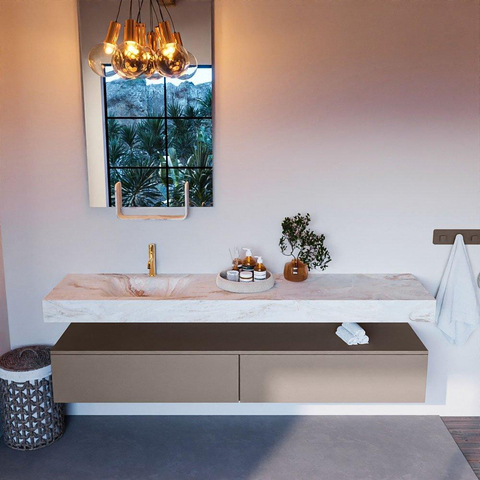 Mondiaz ALAN-DLUX Ensemble de meuble - 200cm - meuble Smoke mat - 2 tiroirs - Lavabo Cloud Frappe suspendu - vasque Gauche - 1 trou de robinet SW805163