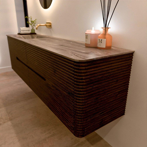 Mondiaz CIRO-DLUX Ensemble de meubles de salle de bains - 180x45x50cm - vasque solid surface Sombra - 1 bassin à gauche - sans trous de robinetterie - 4 tiroirs - Noyer SW1530806