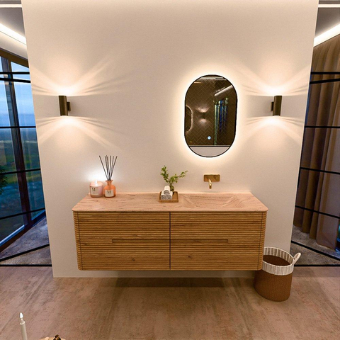 Mondiaz CIRO-DLUX Meuble de salle de bains - 150x45x50cm - Plan vasque solid surface Arena - 1 vasque à droite - sans trous de robinetterie - 4 tiroirs - Chêne SW1531351