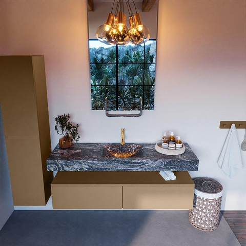 Mondiaz ALAN-DLUX Ensemble de meuble - 150cm - meuble Oro mat - 2 tiroirs - Lavabo Cloud Lava suspendu - vasque Centre - 1 trou de robinet SW808455