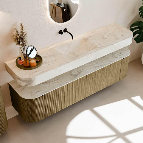 MONDIAZ THOR-DLUX Meuble de salle de bains 180cm arrondi gauche + droite couleur Dusk avec 2 tiroirs et 2 portes. Vasque suspendue CLOUD Milieu sans trou de robinet couleur Ostra. SW1466015