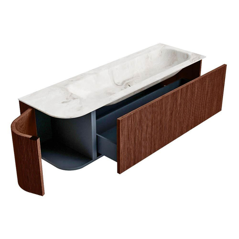 Mondiaz KURVE-DLUX Ensemble de meuble de salle de bains - 145x46x40cm - 1 tiroir - 1 porte - lavabo solid surface - droite - sans trou de robinet - Ruby SW1415658