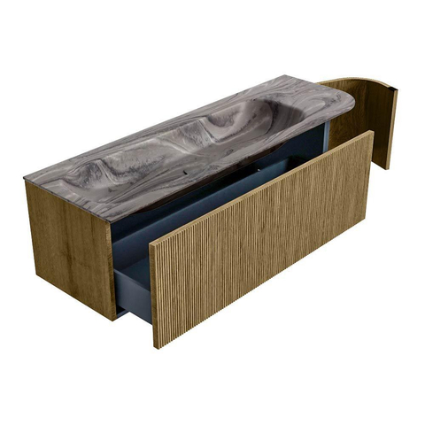 MONDIAZ KURVE-DLUX Meuble de salle de bains 145 cm arrondi à droite couleur Dusk avec 1 tiroir et 1 porte. Lavabo BIG LARGE à gauche sans trou de robinet Sombra. SW1433871