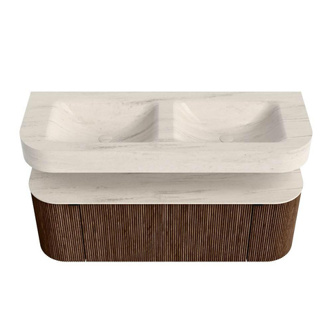 MONDIAZ THOR-DLUX 130cm meuble de salle de bains arrondi gauche + droite couleur Walnut avec 1 tiroir et 2 portes. Vasque suspendue CLOUD Double 2 trous de robinet couleur Meli. SW1463863