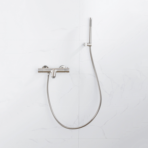 Fortifura Calvi Thermostatische badkraan - met staafhanddouche handdouchehouder en gladde doucheslang - PVD - geborsteld RVS SW811957