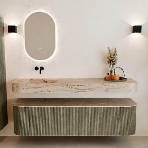 MONDIAZ THOR-DLUX Meuble de salle de bains - 170cm - arrondi gauche + droite - couleur Shadow - 1 tiroir - 2 portes - Vasque suspendue CLOUD Gauche sans trou de robinet - couleur Arena SW1465832