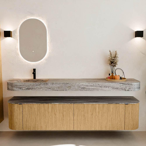 MONDIAZ THOR-DLUX Meuble de salle de bains - 200cm - arrondi gauche + droite - couleur Oak - 2 tiroirs et 2 portes - Vasque suspendue CLOUD Gauche 1 trou de robinet couleur Oza SW1467184