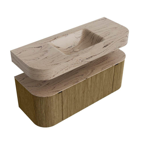 MONDIAZ THOR-DLUX 120cm meuble de salle de bains arrondi gauche + droite couleur Dusk avec 1 tiroir et 2 portes. Vasque suspendue CLOUD Milieu sans trou de robinet couleur Arena. SW1463386
