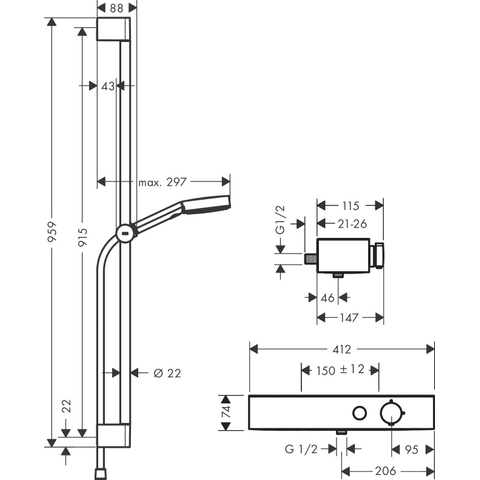 Hansgrohe Pulsify select s - thermostaat - met glijstangset - 90cm - 10.5cm - 3jet - hoogglans chroom SW651035