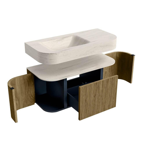 MONDIAZ THOR-DLUX Meuble de salle de bains 100cm arrondi gauche + droite couleur Dusk avec 1 tiroir et 2 portes. Vasque suspendue CLOUD Gauche 1 trou de robinet couleur Meli. SW1467480
