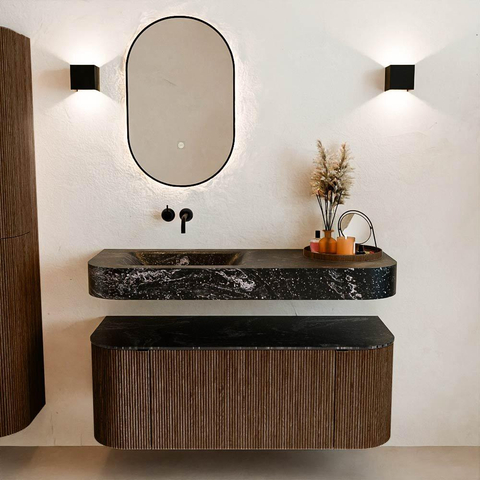 MONDIAZ THOR-DLUX 120cm meuble de salle de bains arrondi gauche + droite couleur Walnut avec 1 tiroir et 2 portes. Vasque suspendue CLOUD Gauche sans trou de robinet couleur Lava. SW1463231