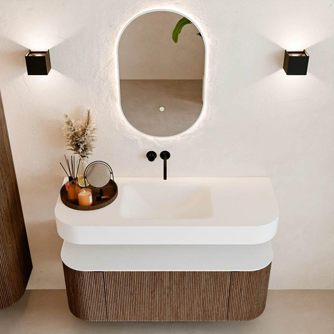 MONDIAZ THOR 120cm badmeubel ronding links + rechts kleur Walnut met 1 lade en 2 deuren. Vrijhangende wastafel CLOUD Midden zonder kraangat kleur Talc. SW1463190
