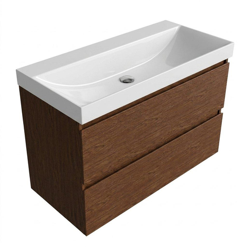 Saniclass Holz Pure Badkamermeubelset - 100x45x67.5cm - Wave keramische wastafel - 1 wasbak - zonder kraangat - 2 lades - mat walnut pure (hout) SW1479040
