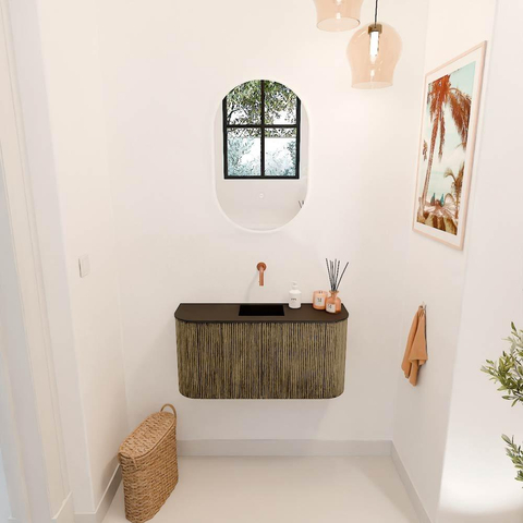 Mondiaz JOYA Meuble de salle de bains 83,2cm - arrondi gauche et droite couleur Dusk - Vasque FAYE position Milieu Sans trou de robinet couleur Urban SW1421710