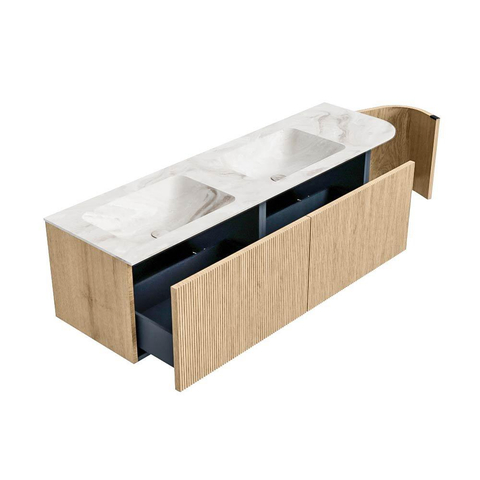 MONDIAZ KURVE-DLUX 155cm meuble de salle de bains avec module 25 R couleur chêne avec 2 tiroirs et 1 porte. Vasque LEAF double / gauche 2 trous de robinet couleur Frappe. SW1137374