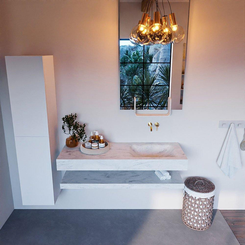 Mondiaz ALAN-DLUX Ensemble de meuble - 130cm - meuble Opalo mat - 0 tiroirs - Lavabo Cloud Opalo suspendu - vasque Droite - 0 trous de robinet SW809325